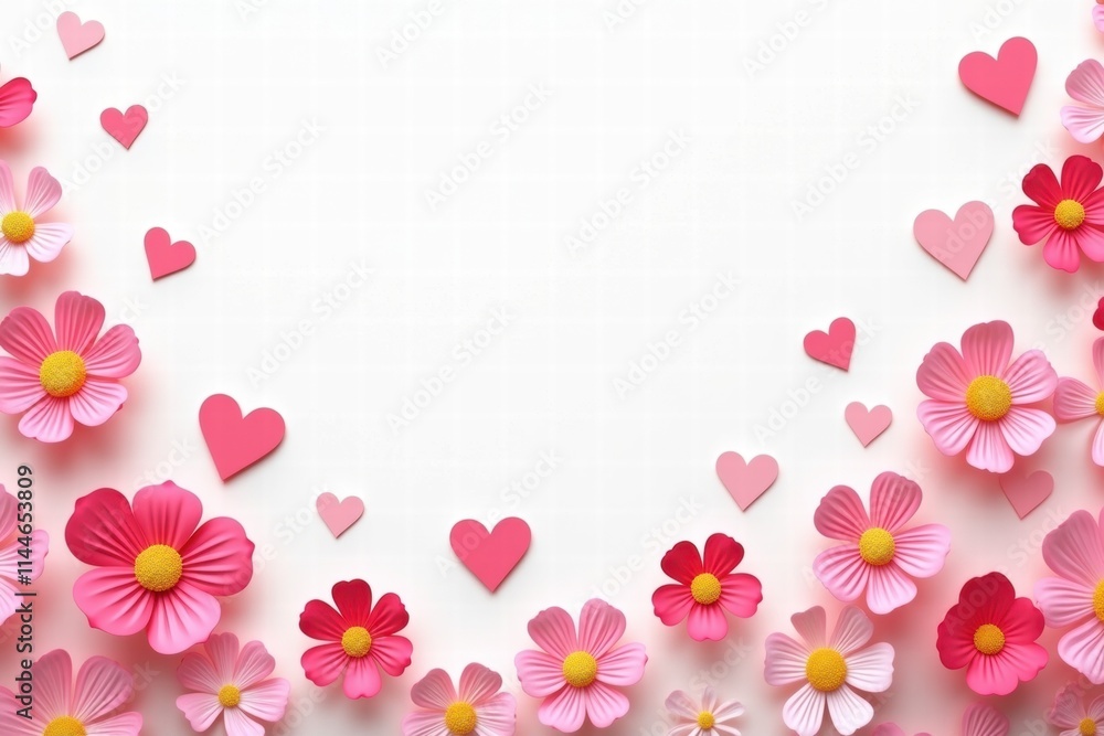Romantic Pink Paper Flowers and Hearts Frame on Romantic Pink Paper Flowers and Hearts Frame on