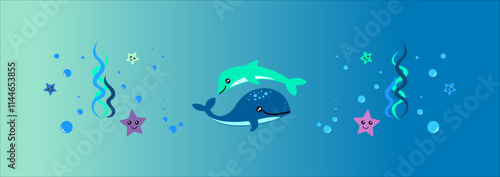 Photography Marine theme with sea animals in the ocean among seaweed