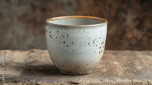 A white ceramic cup with brown spots sits on a wooden table photo