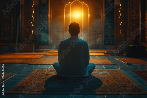 A man sits on a prayer mat with the text al adha on the right islamic ramadan kareem greeting photo