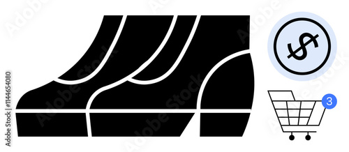 Black and white sneakers with shopping cart icon and dollar symbol, indicating online shopping and purchasing activity. Ideal for e-commerce, retail, fashion, marketing, business presentations