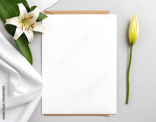 greeting cards for weddings, birthdays, thank you cards, wedding anniversaries, condolences. blank paper with lilies.