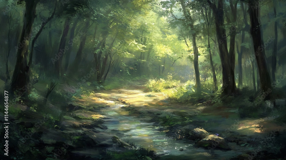 Obraz premium Enchanting Forest Path with Serene Flowing Stream and Lush Foliage