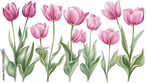 Fresh and Charming Set of Pink Tulips Isolated on White Background for Spring Holiday Elegance