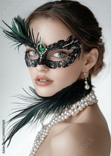 Beautiful woman with a green and black mask on her face, wearing a beautiful ring in the shape of an emerald gemstone and feathers photo