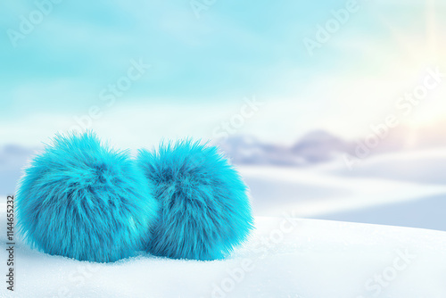 Fluffy blue pom poms on snowy landscape with soft pastel vibe