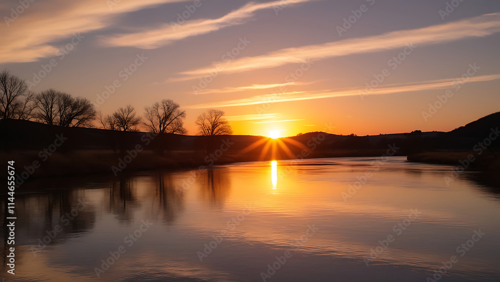 A calm river at sunset, with the golden light of the setting sun casting a warm glow on the water’s surface A calm river at sunset, with the golden light of the setting sun casting a warm glow on the water’s surface