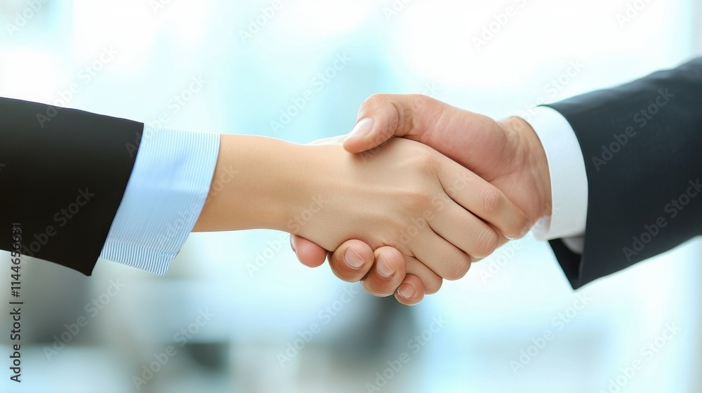 Business interview concept - Businessman and woman making handshake with big smiling in office Business interview concept - Businessman and woman making handshake with big smiling in office