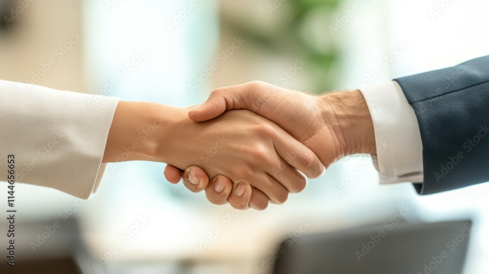 Business interview concept - Businessman and woman making handshake in office Business interview concept - Businessman and woman making handshake in office
