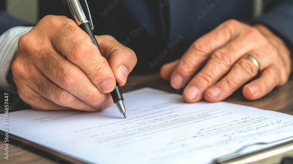 Close-up of a hand signing an important legal document on a table Close-up of a hand signing an important legal document on a table