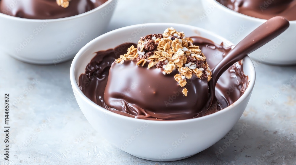 Chocolate-covered treat with granola topping in a white bowl. Chocolate-covered treat with granola topping in a white bowl.