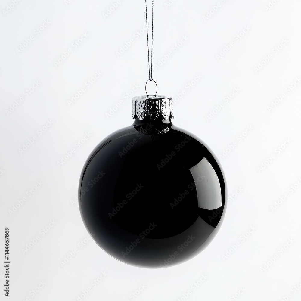 Black Christmas ornament hangs on a thread, against an isolated white background Black Christmas ornament hangs on a thread, against an isolated white background