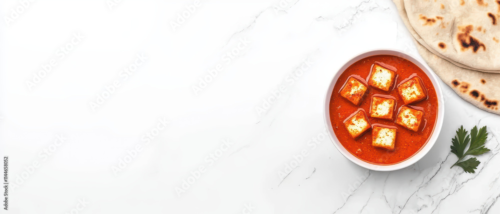 Fototapeta premium Delicious serving of paneer tikka masala with naan bread, perfect for sharing