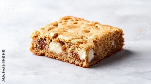 Delicious golden-brown blondie bar with white chocolate chunks, isolated on a marble background.