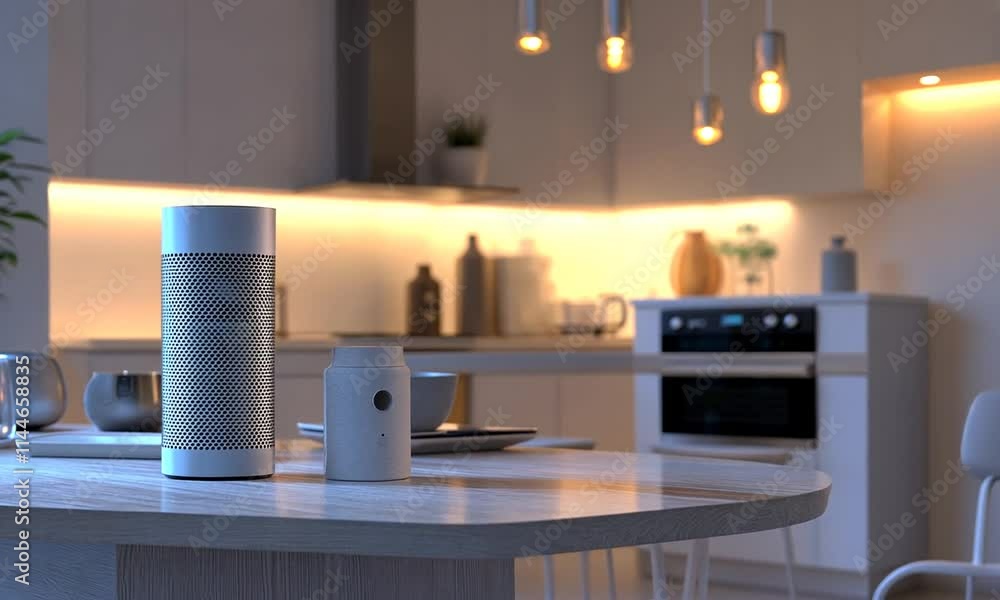 modern wireless speaker and smart speaker on table in kitchen, 3 d rendering