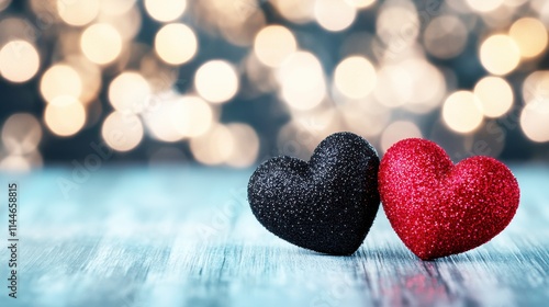 Two glittery hearts, one black and one red, sit together on a wooden surface with a blurred bokeh background, evoking themes of love and connection.