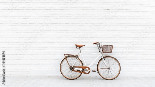 White bicycle with brown basket against white brick wall. photo