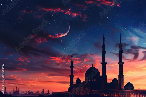 Islamic mosque at sunset with moon and silhouette. photo