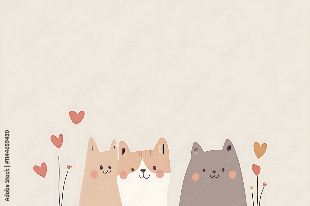A minimalist composition showcasing cats and dogs standing side by side, facing the camera A minimalist composition showcasing cats and dogs standing side by side, facing the camera