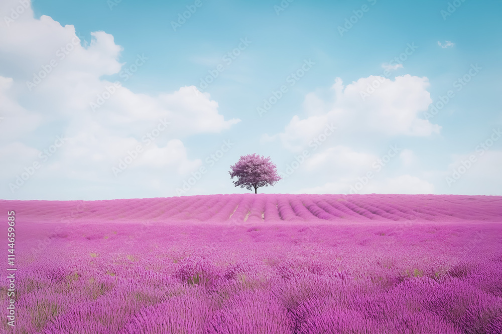 Obraz premium A wide lavender field in full bloom under a bright blue sky, with a lone pink tree standing on the horizon, creating a serene and picturesque landscape.