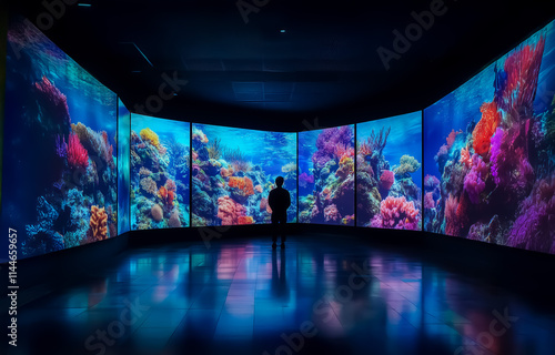 A brightly lit immersive art gallery with panoramic LED screens displaying coral reefs, highlighting the vibrant underwater world in a modern and futuristic setting. photo