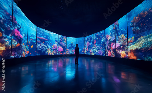 A modern art gallery featuring curved LED screens with vibrant coral reef visuals, viewed from the center of a reflective floor in a futuristic indoor space. photo