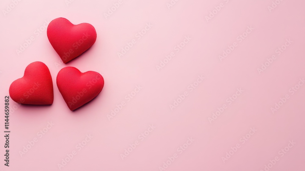 Three red hearts on a soft pink background, symbolizing love and affection. Three red hearts on a soft pink background, symbolizing love and affection.