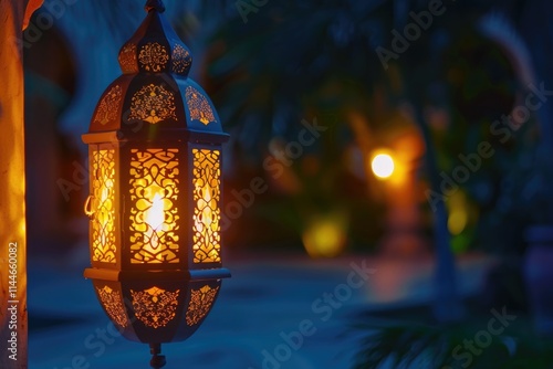 Ramadan Kareem greeting card with glowing lantern and mosque. photo