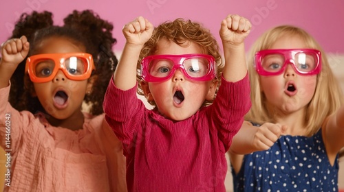 Three toddlers wearing colorful safety glasses, cheering with arms raised.