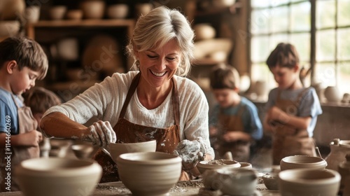 Mature female teacher making pottery crafts with group of kids at workshop