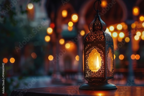 Ramadan Kareem greeting card with glowing lantern and mosque. photo