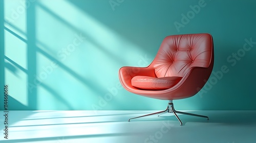 A red leather chair sits in a room with a blue wall