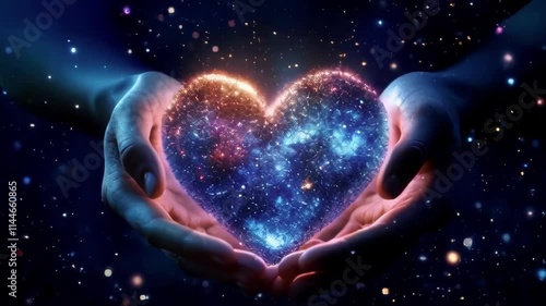 Glowing, cosmic heart cradled in hands, against a backdrop of sparkling stars. Perfect for spirituality, love, and universe themes.. AI Generation
