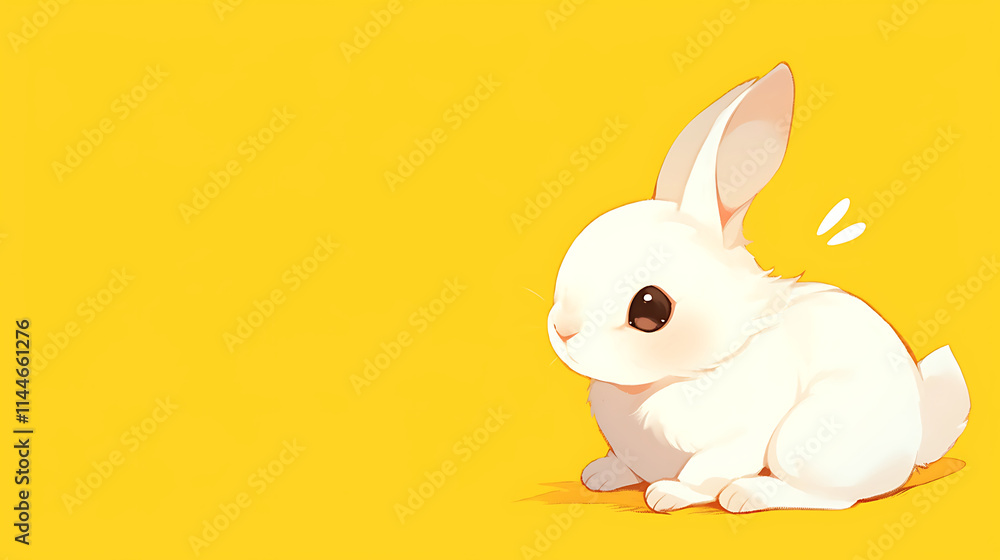 Obraz premium A cute white rabbit sitting against a bright yellow background, conveying a cheerful vibe.