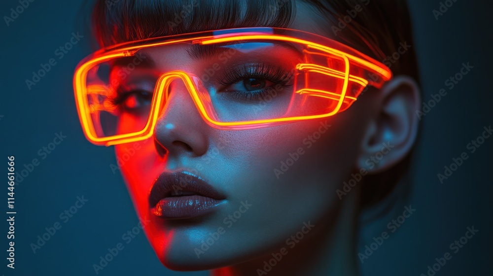 Close-up portrait of a young woman wearing futuristic neon orange glasses. Close-up portrait of a young woman wearing futuristic neon orange glasses.