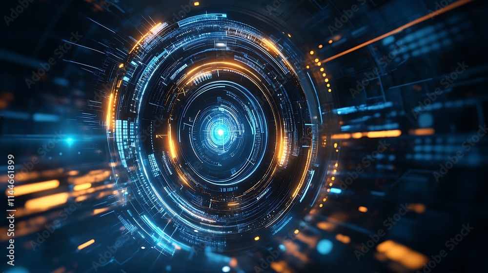 Obraz premium Cyberpunk-Style 3D Render: Glowing Circular Interface in Futuristic Digital Space. AI Generated