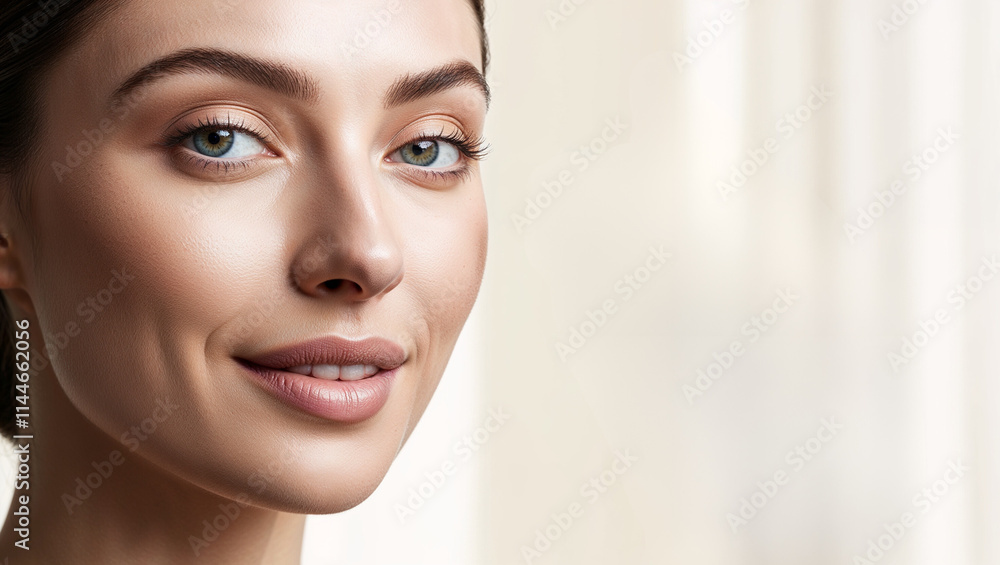 Naklejka premium Skinminimalism: Close-up of a woman’s face with glowing skin