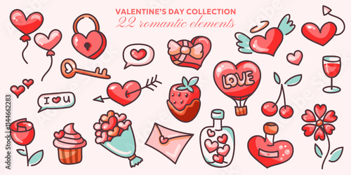 Set of Valentine's Day hand drawn colorful romantic elements. Hearts, balloons, roses, gifts, strawberry, envelopes etc. Cute doodle collection for decoration, stickers, greeting cards. Love concept.