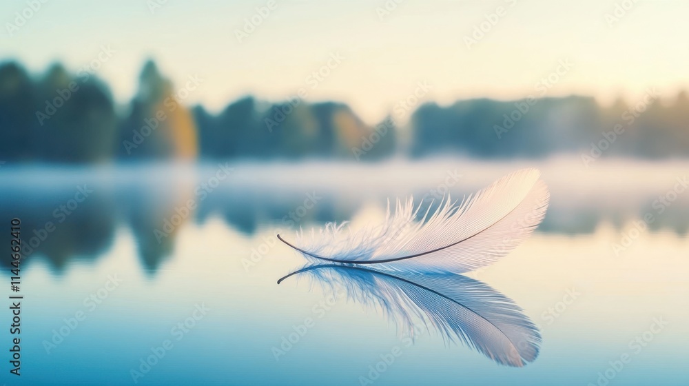 Serene Feather Floating on Calm Misty Lake at Sunrise Serene Feather Floating on Calm Misty Lake at Sunrise
