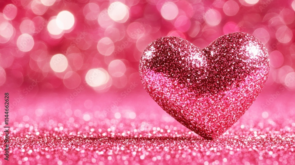 Obraz premium A shiny pink glitter heart on a sparkling background, symbolizing love and affection in a vibrant, festive atmosphere.