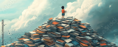A 3D cartoon child standing at the base of a giant mountain of textbooks, looking up in awe at a tiny, dilapidated school building