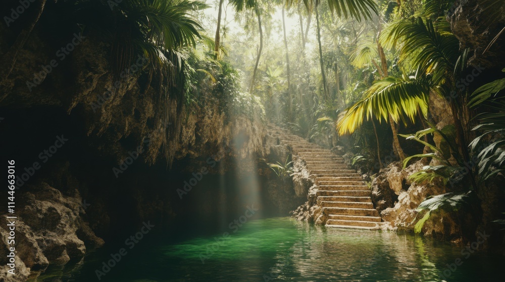 Tranquil cenote surrounded by towering rock walls covered in dense tropical plants. Green water shimmers beneath a staircase. Ideal for travel, adventure, or eco-tourism concepts Tranquil cenote surrounded by towering rock walls covered in dense tropical plants. Green water shimmers beneath a staircase. Ideal for travel, adventure, or eco-tourism concepts