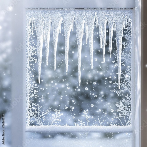 Charming winter window with icicles hanging down, watercolor, snowy
