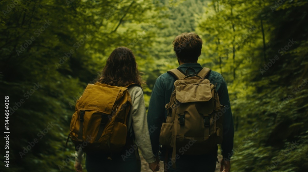 White young couple with backpacks hiking in green forest White young couple with backpacks hiking in green forest