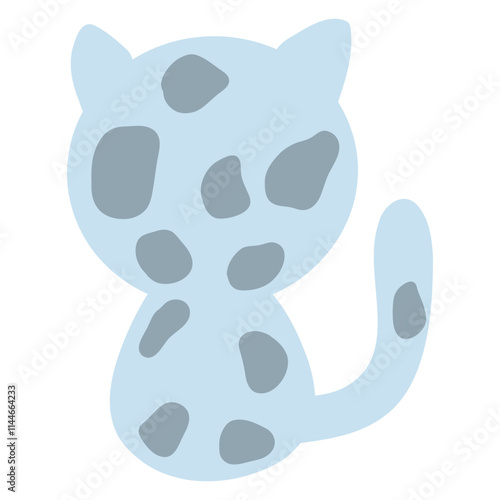 Cute baby kitten back, kawaii blue cat with spots, sitting cat vector illustration, back view, sitting backwards
