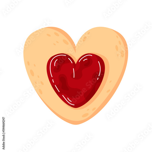 Heart shaped cookie with strawberry jam in cartoon. Sweet love symbol of linzer cookie for Happy Valentine Day holiday. Icon for bakery isolated on white background.
