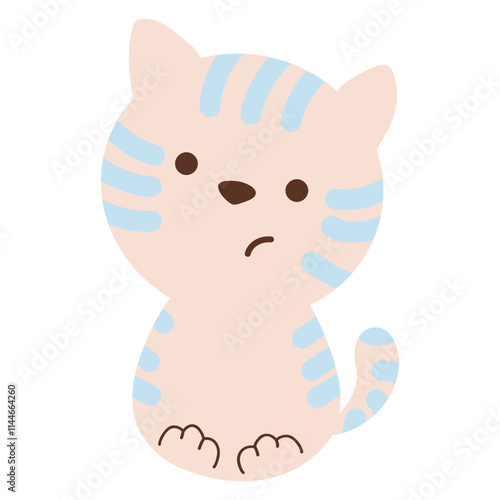 Cute baby kitten, kawaii cat with blue stripes, striped cat vector illustration