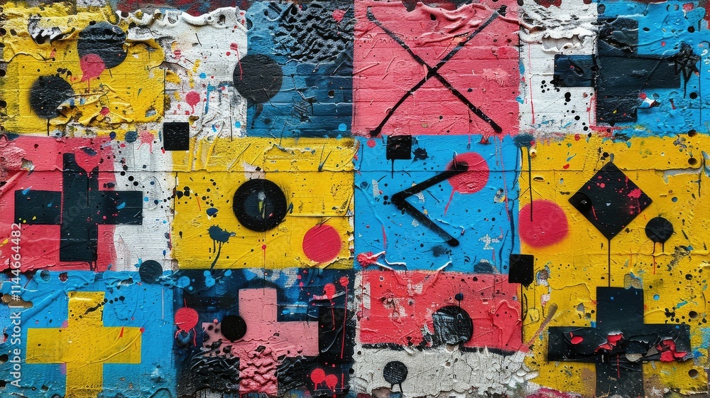 Fototapeta premium A colorful mural featuring geometric shapes and vibrant colors, showcasing urban art.