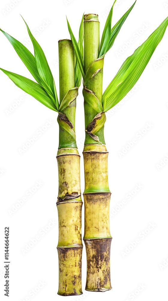 Fototapeta premium Bundle of sugarcane with green leaves isolated on white background