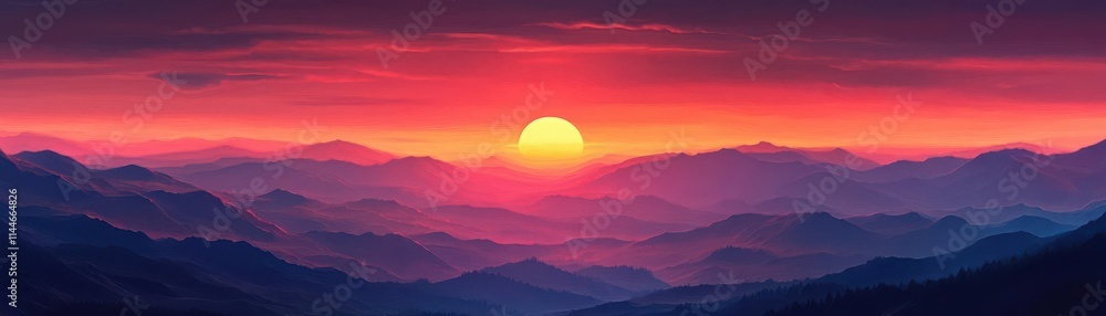 Design a captivating illustration of a Vibrant Sunset over rolling hills in oil paint style